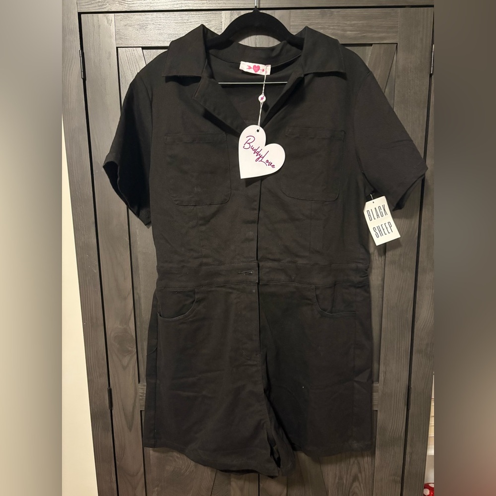 BuddyLove Black Short Sleeve Jumpsuit with Rhinestone Fringe Back NWT